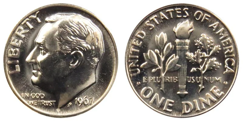 1967 Roosevelt dime obverse and reverse showing Roosevelt portrait with no mint mark and torch reverse