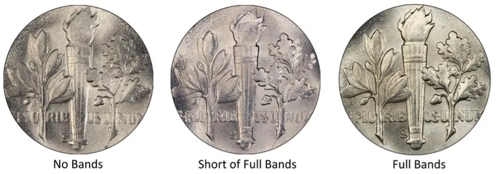 1967 Roosevelt dime reverse Full Bands comparison showing weak torch bands versus complete Full Bands designation
