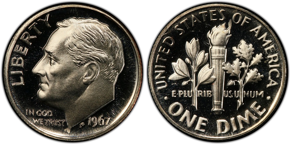 1967 Roosevelt SMS dime Deep Cameo DCAM in PCGS holder showing frosted Roosevelt portrait against jet-black mirror fields