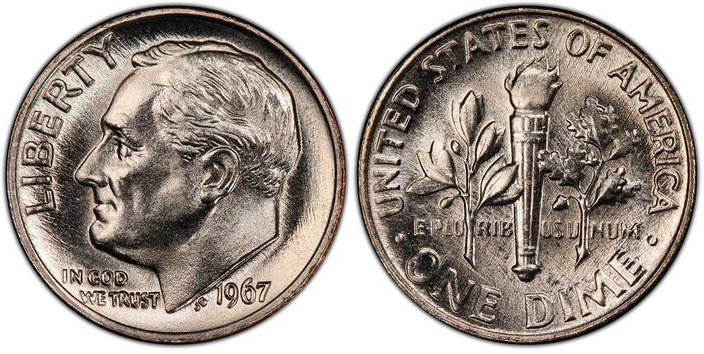 1967 Roosevelt dime reverse torch showing Full Bands designation with clearly separated horizontal band lines