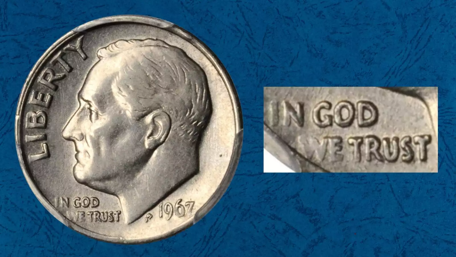 1967 Roosevelt dime doubled die obverse DDO showing doubling in IN GOD WE TRUST inscription
