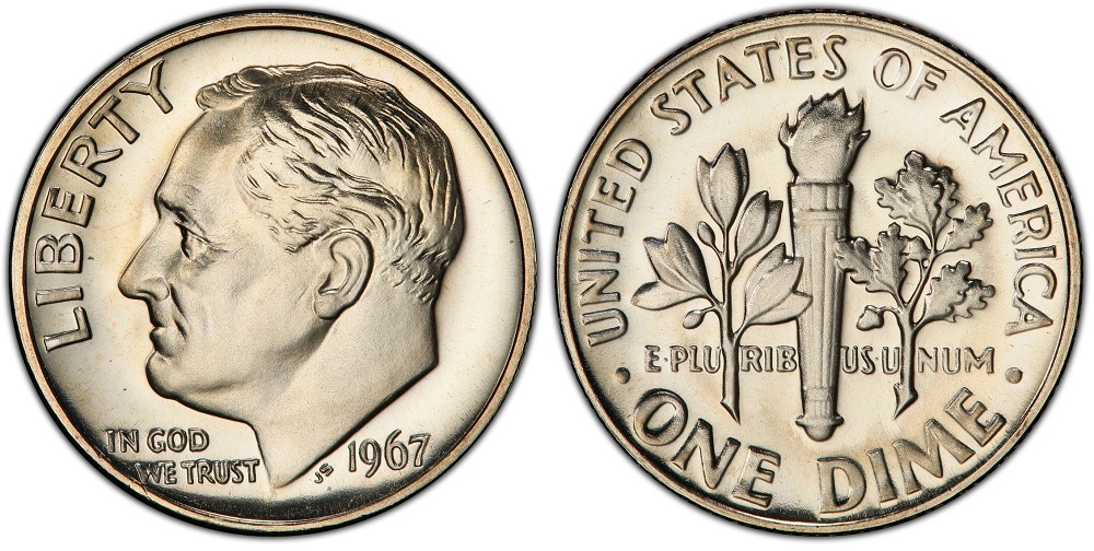 1967 Roosevelt dimes mintage display showing business strike and SMS Special Mint Set specimens together