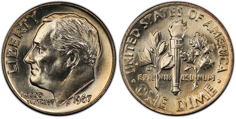 1967 Roosevelt dime grading strip showing four condition tiers from circulated to gem uncirculated
